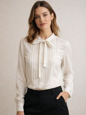 H&M White Tie Neck Blouse XS Pleated Front Long Sleeve Minimal Chic Work Top